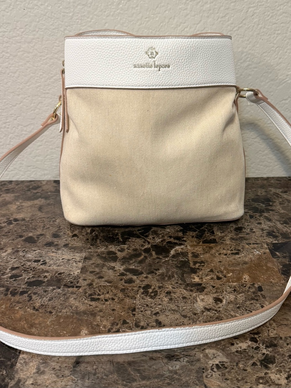 Nanette Lepore Cream and White Canvas Crossbody Bag